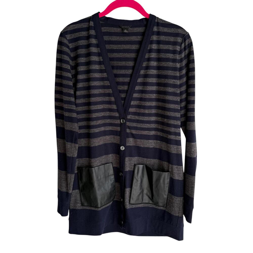 ANN TAYLOR Navy and Gray Striped Faux Leather Pocket Ladies Cardigan, S
